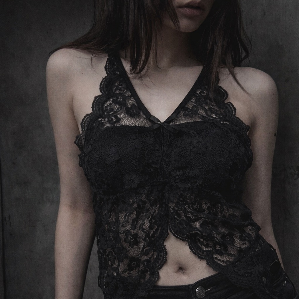 Black Lace Sheer Lingerie Top Romantic Valentine Layering XL